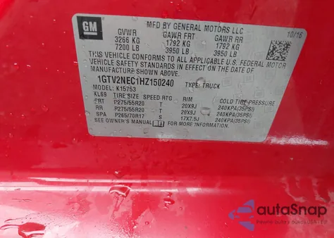 2017 GMC Sierra 1500 Slt из США, поврежденный, VIN 1GTV2NEC1HZ150240